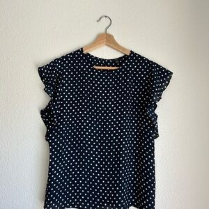 Ann Taylor Navy Polka Dot Ruffle Sleeve Top
